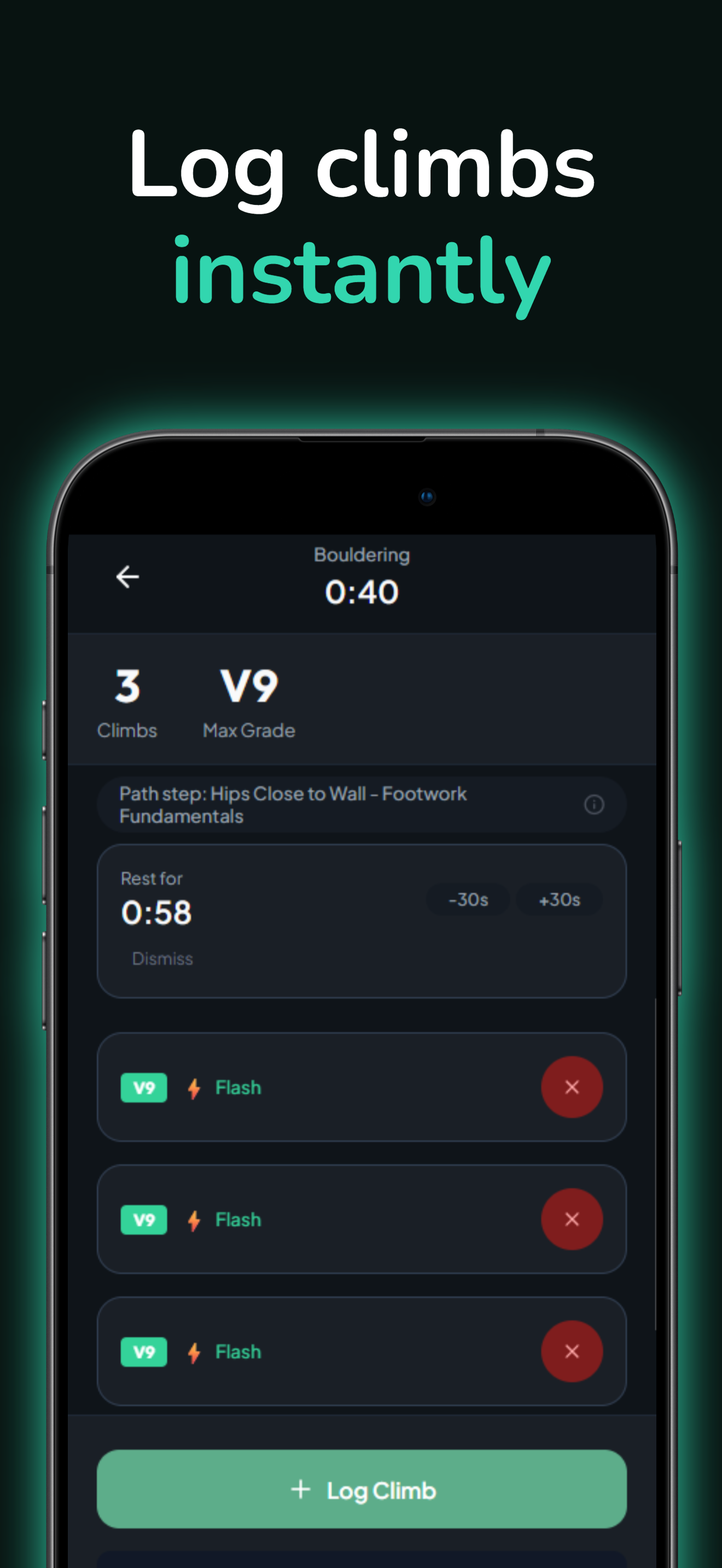 Quick session logging screen
